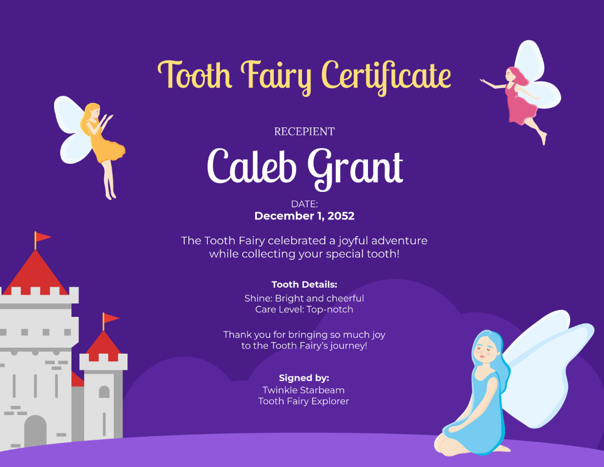 Free Purple Tooth Fairy Certificate Template - Edit Online & Download