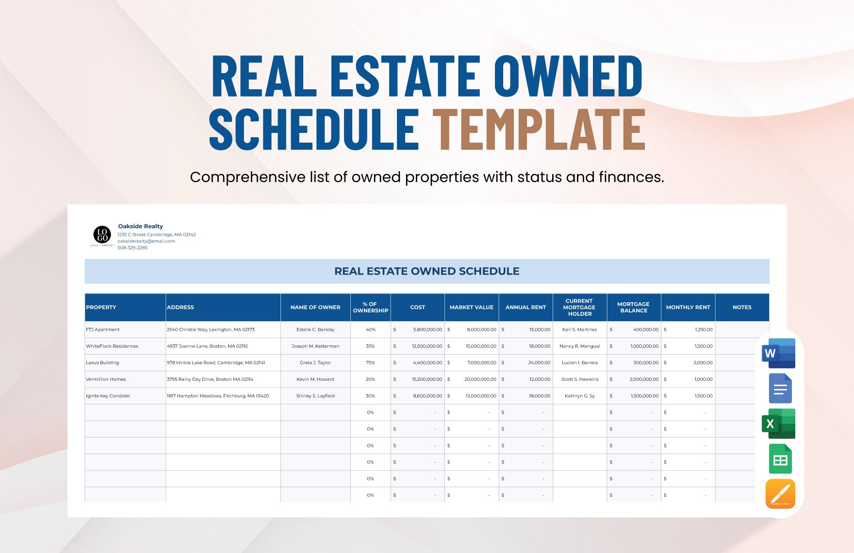 Real Estate Owned Schedule Template in Word, Google Docs, Excel, Google Sheets, Apple Pages