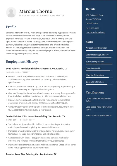 Free Painter ATS Resume Template, AI Resume Builder