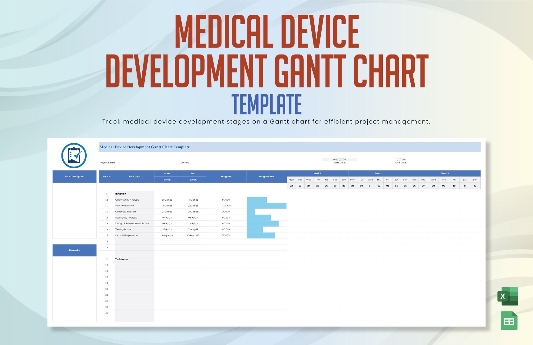 Medical Device Development Gantt Chart Template in Excel, Google Sheets