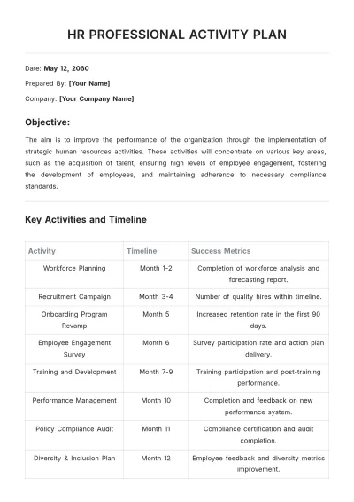 Free HR Professional Activity Plan Template to Edit Online