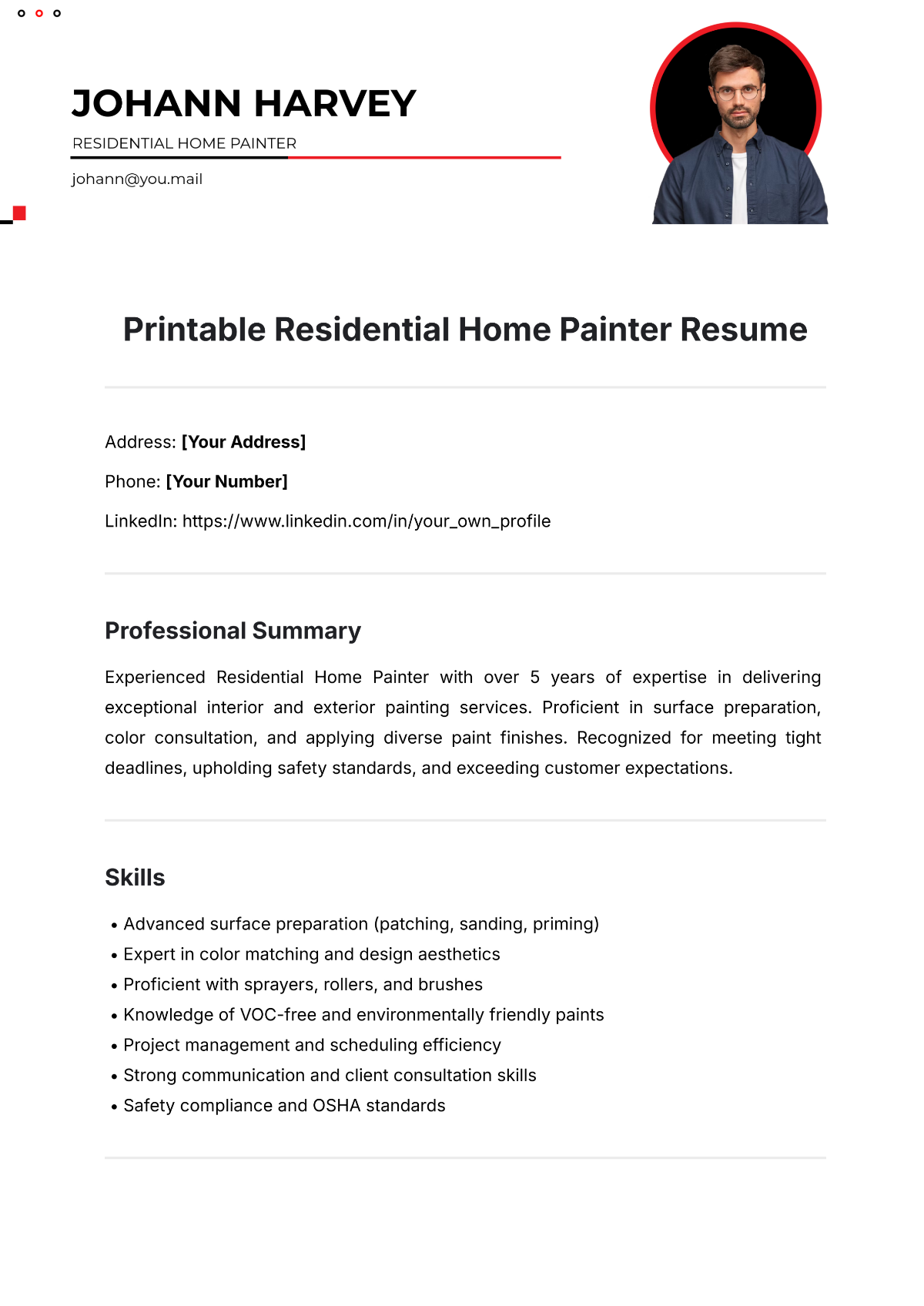 Printable Residential Home Painter Resume Template - Edit Online & Download