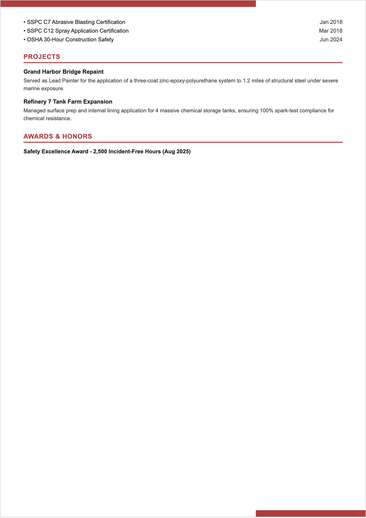 Free Sample Industrial Painter ATS Resume Template, AI Resume Builder
