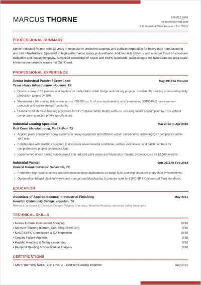 Free Sample Industrial Painter ATS Resume Template, AI Resume Builder