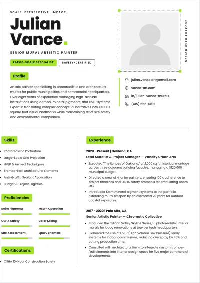 Free Mural Artistic Painter ATS Resume Template, AI Resume Builder