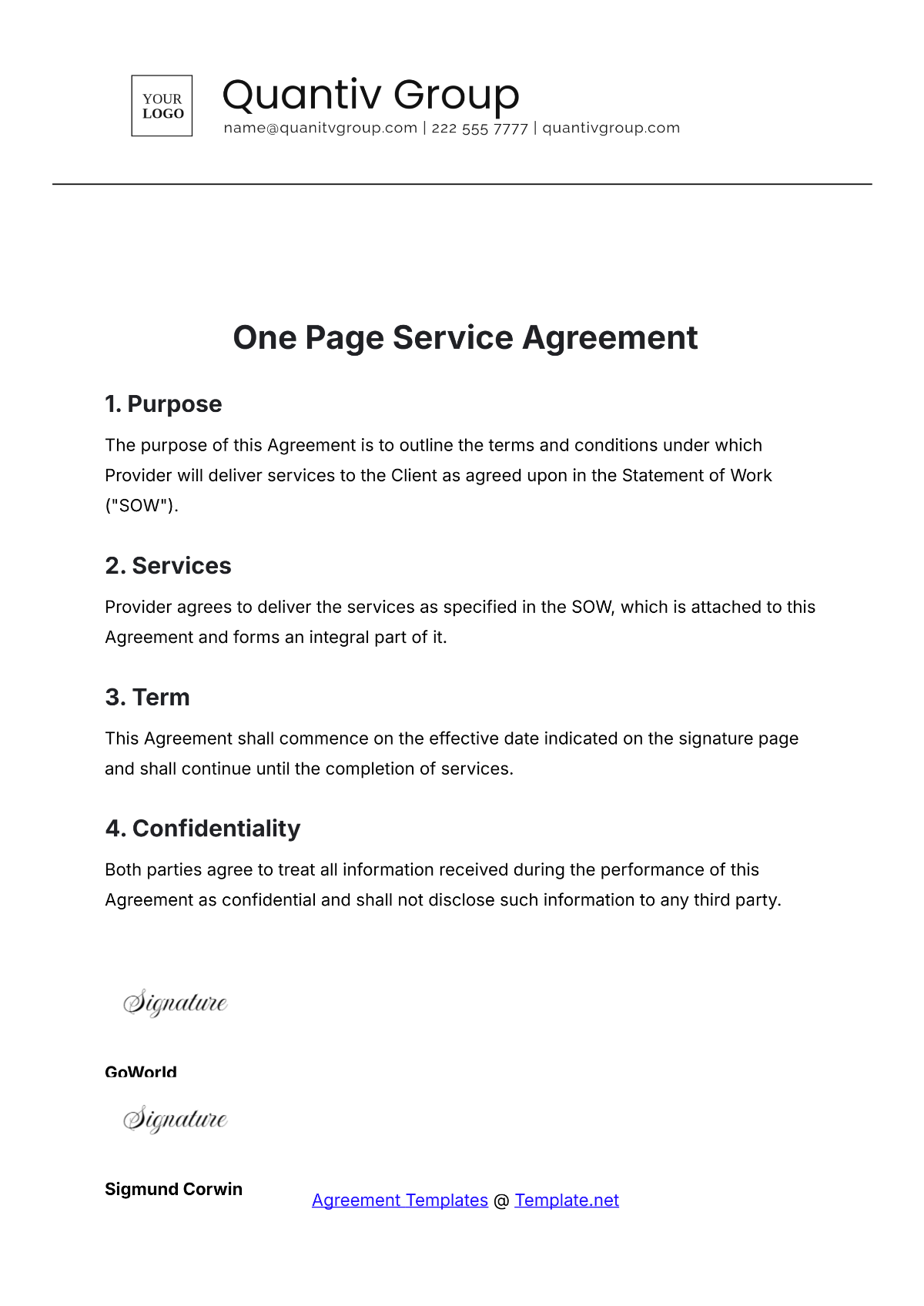 One Page Service Agreement Template - Edit Online & Download