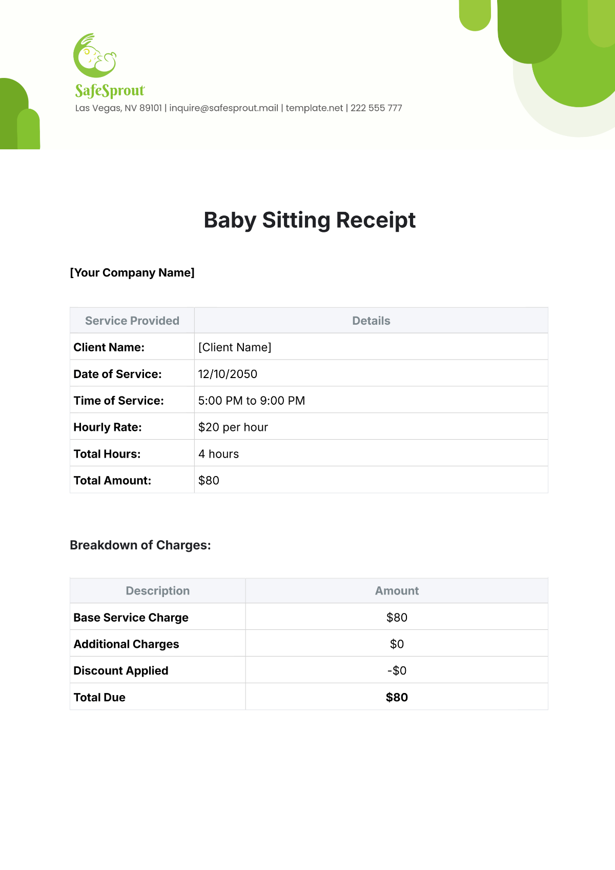 Baby Sitting Receipt Template - Edit Online & Download