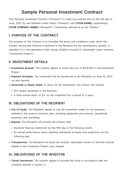 Free Sample Personal Investment Contract Template to Edit Online