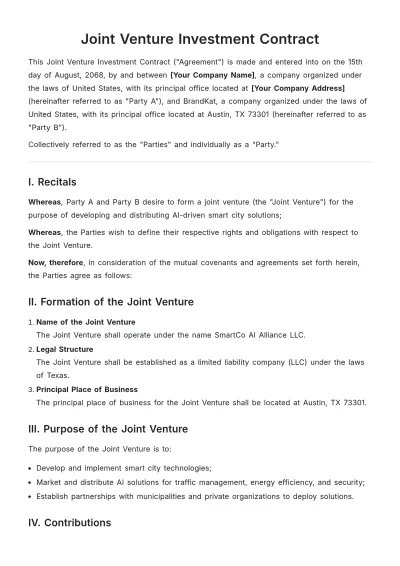 Free Joint Venture Investment Contract Template to Edit Online