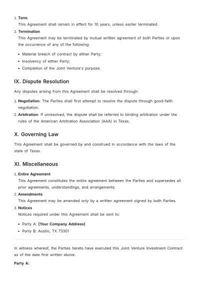 Free Joint Venture Investment Contract Template to Edit Online