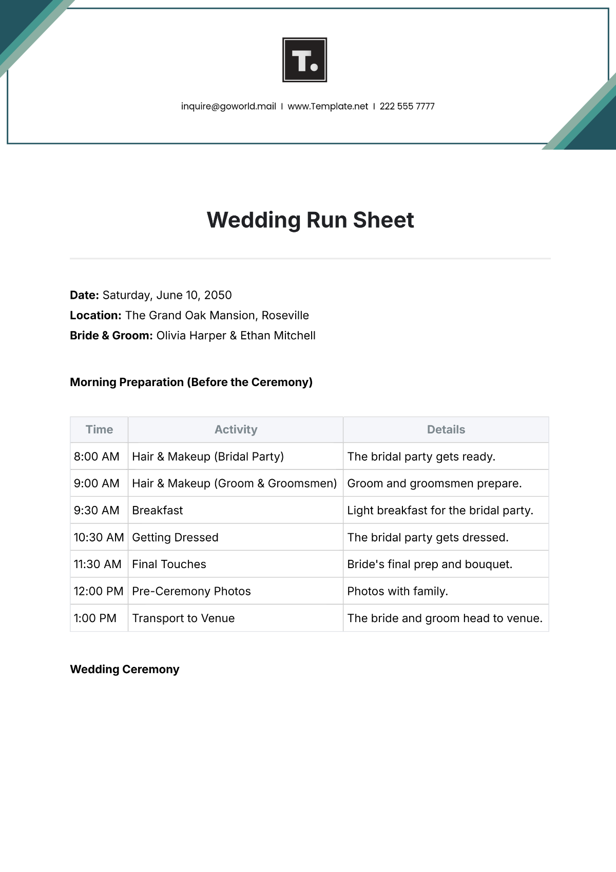 Free Wedding Run Sheet Template Edit Online Download Template Net