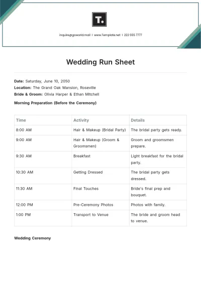Free Wedding Run Sheet Template to Edit Online