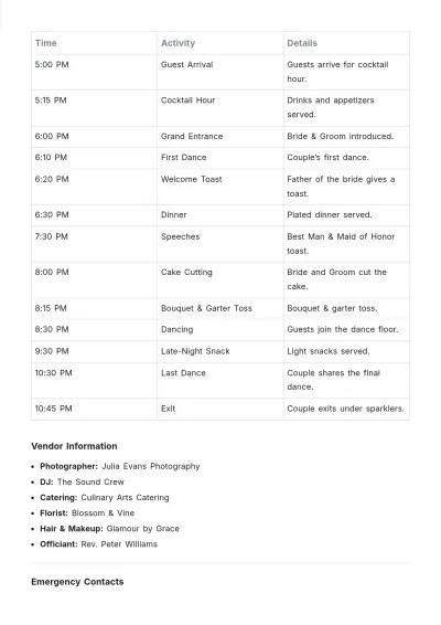 Free Wedding Run Sheet Template to Edit Online