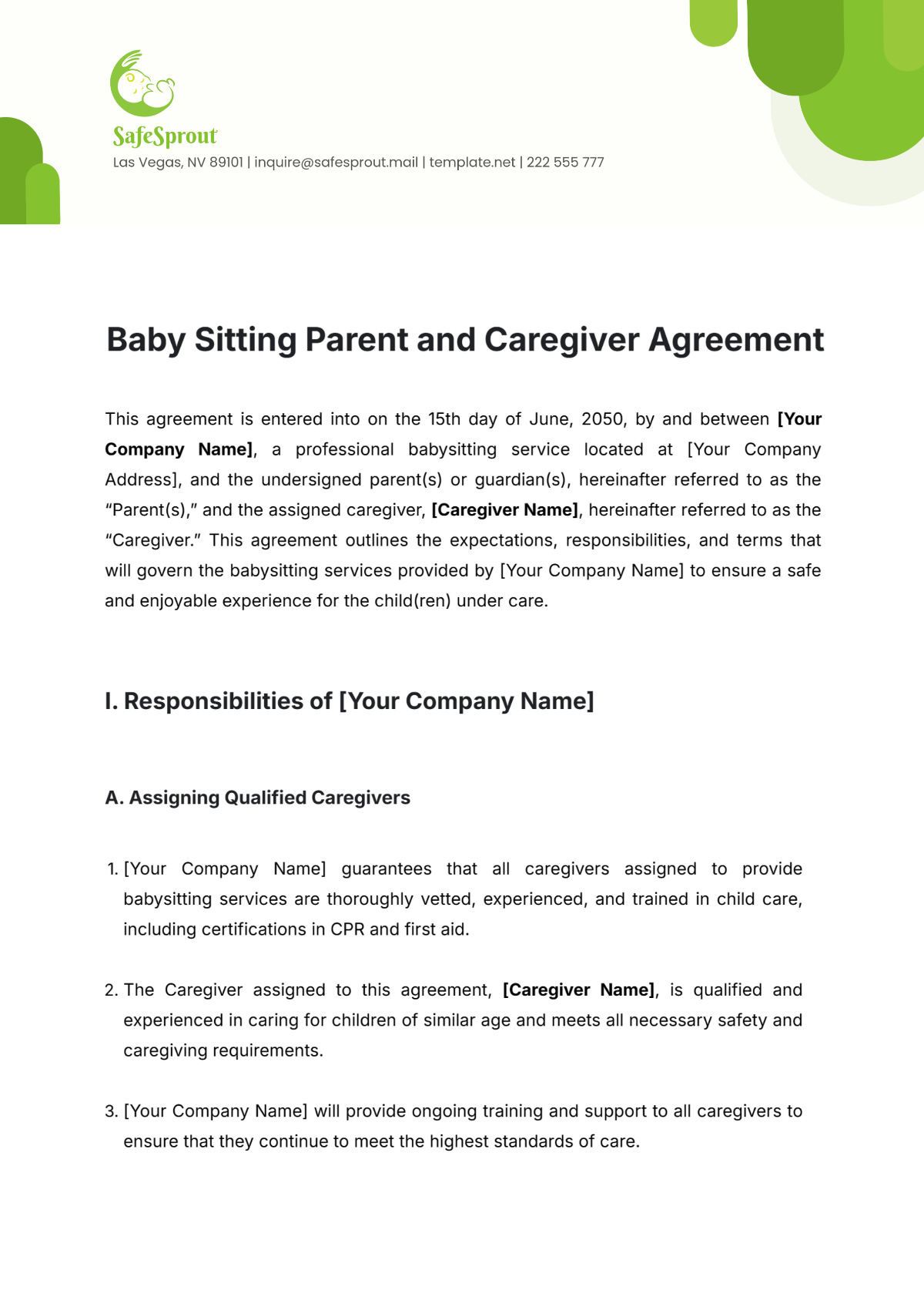 Baby Sitting Parent and Caregiver Agreement Template - Edit Online & Download