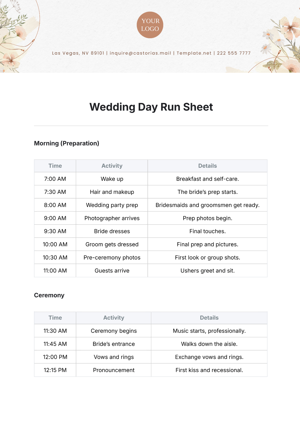 Wedding Day Run Sheet Template - Edit Online & Download