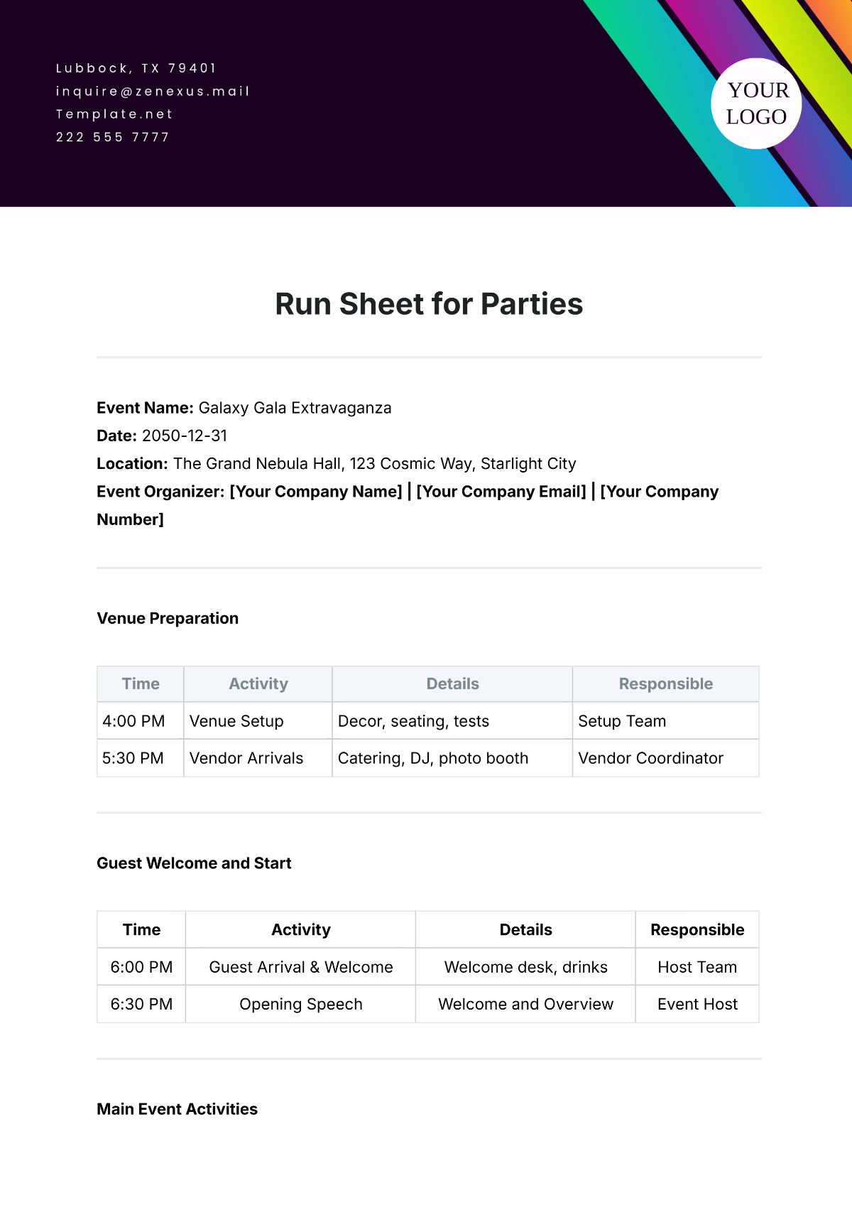 Run Sheet for Parties Template - Edit Online & Download