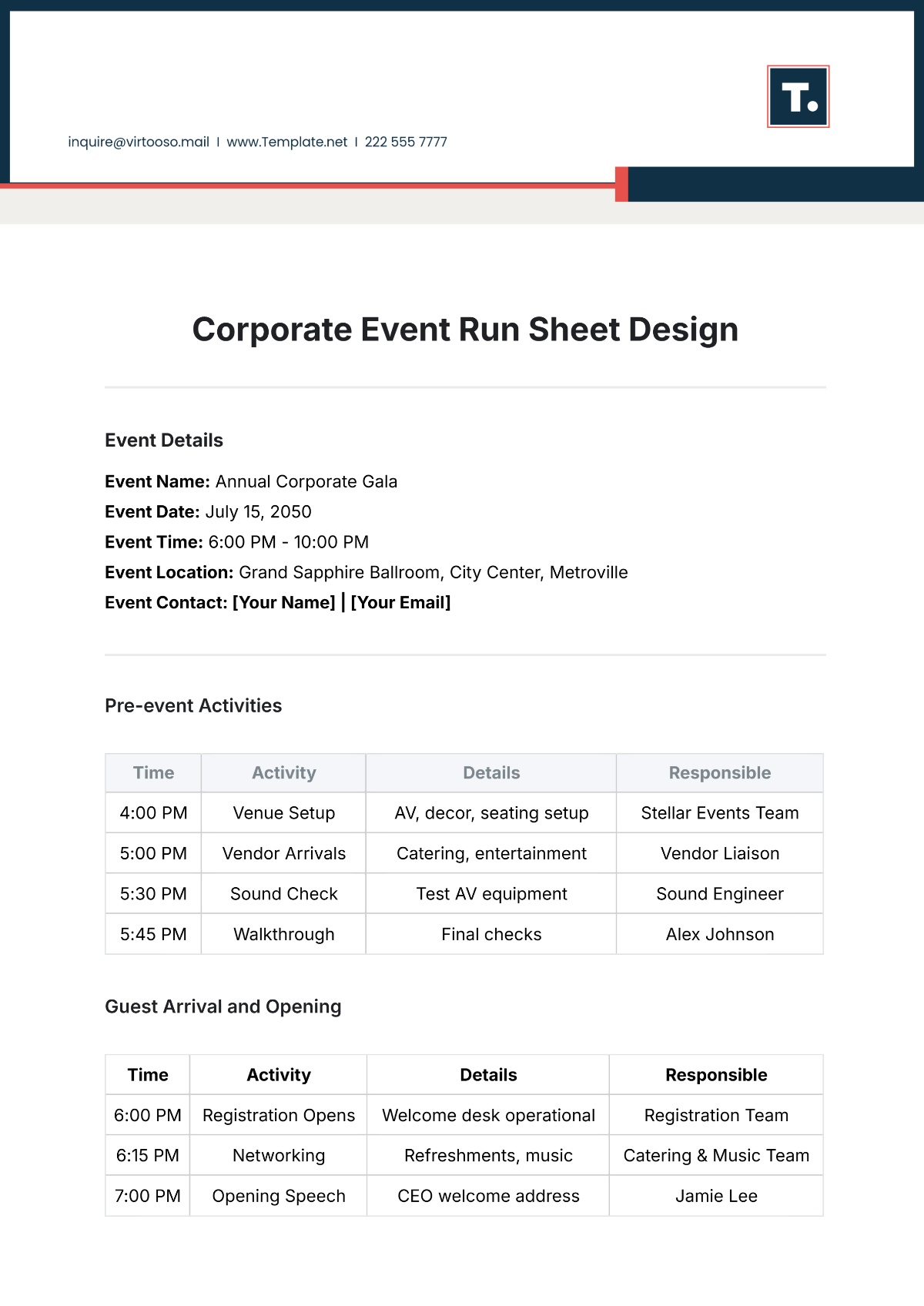 Corporate Event Run Sheet Design Template - Edit Online & Download