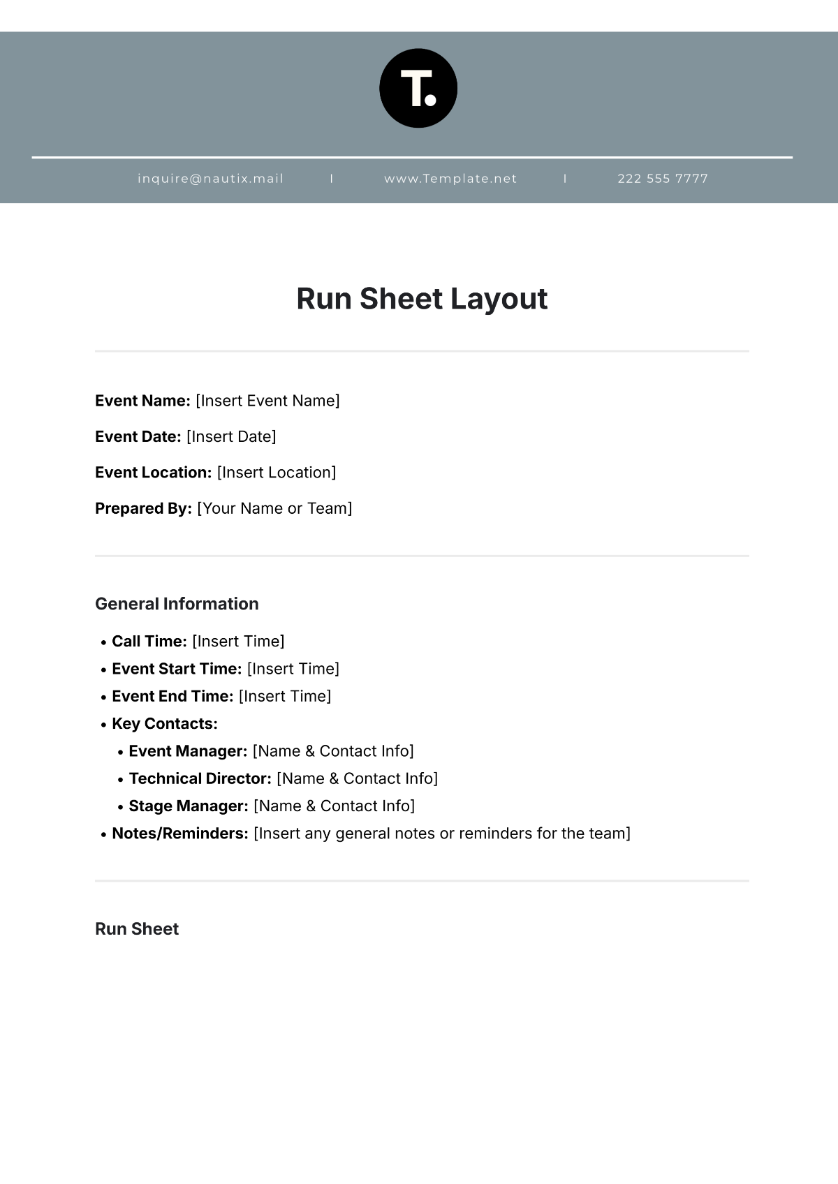 Run Sheet Layout Template - Edit Online & Download