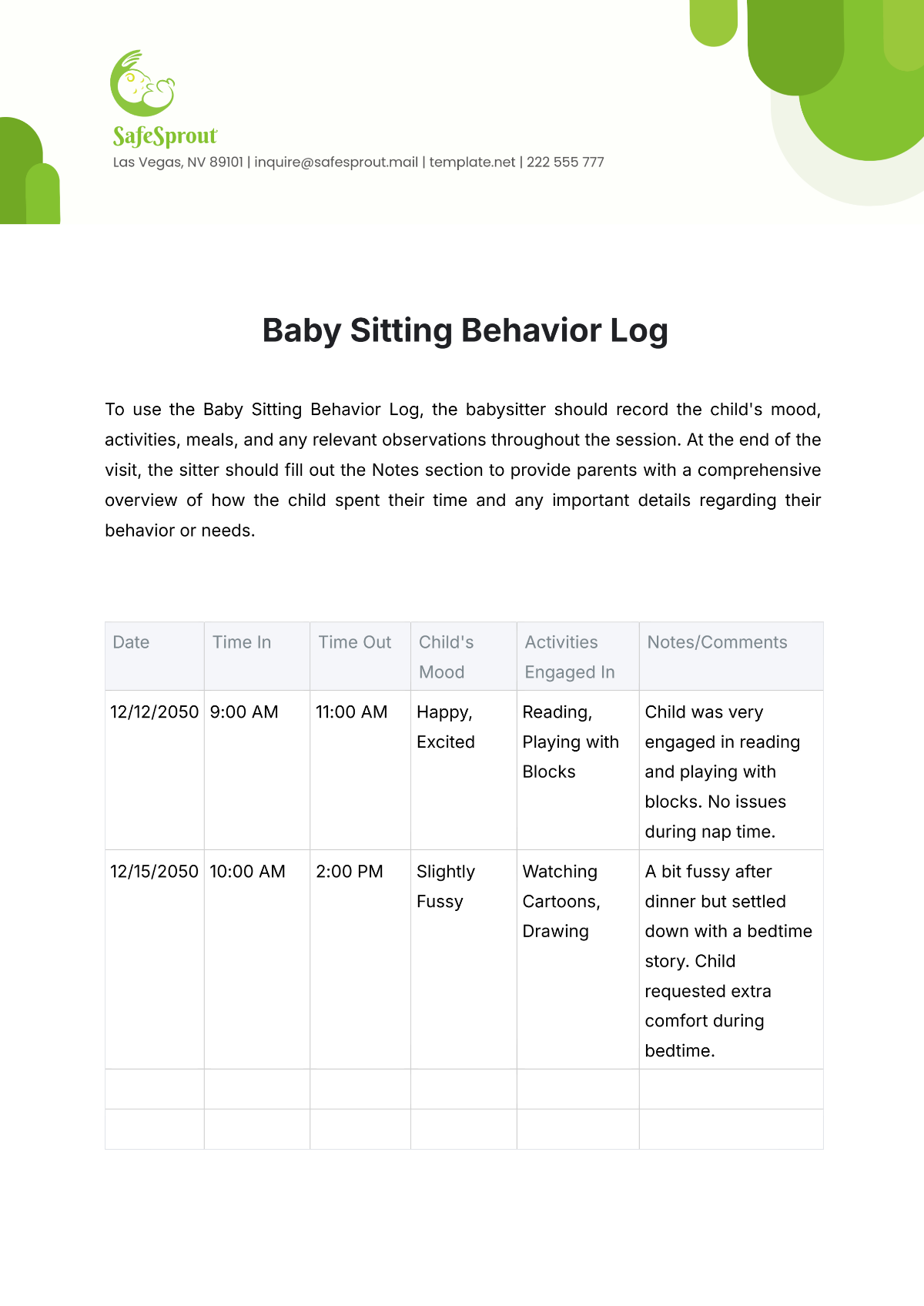 Baby Sitting Behavior Log Template - Edit Online & Download