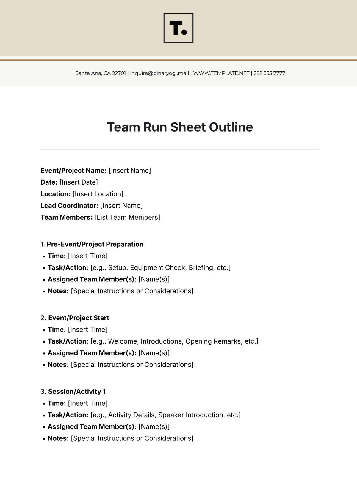 Team Run Sheet Outline Template - Edit Online & Download