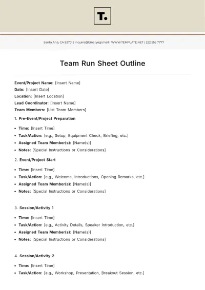 Free Team Run Sheet Outline Template to Edit Online