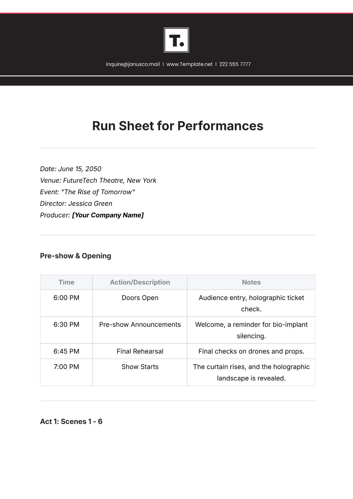 Run Sheet for Performances Template - Edit Online & Download