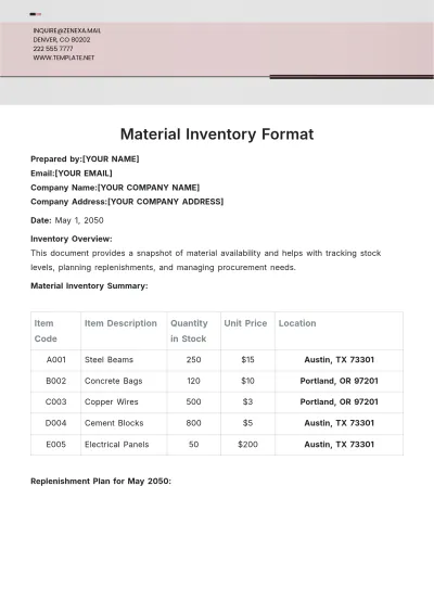 Free Material Inventory Format Template to Edit Online