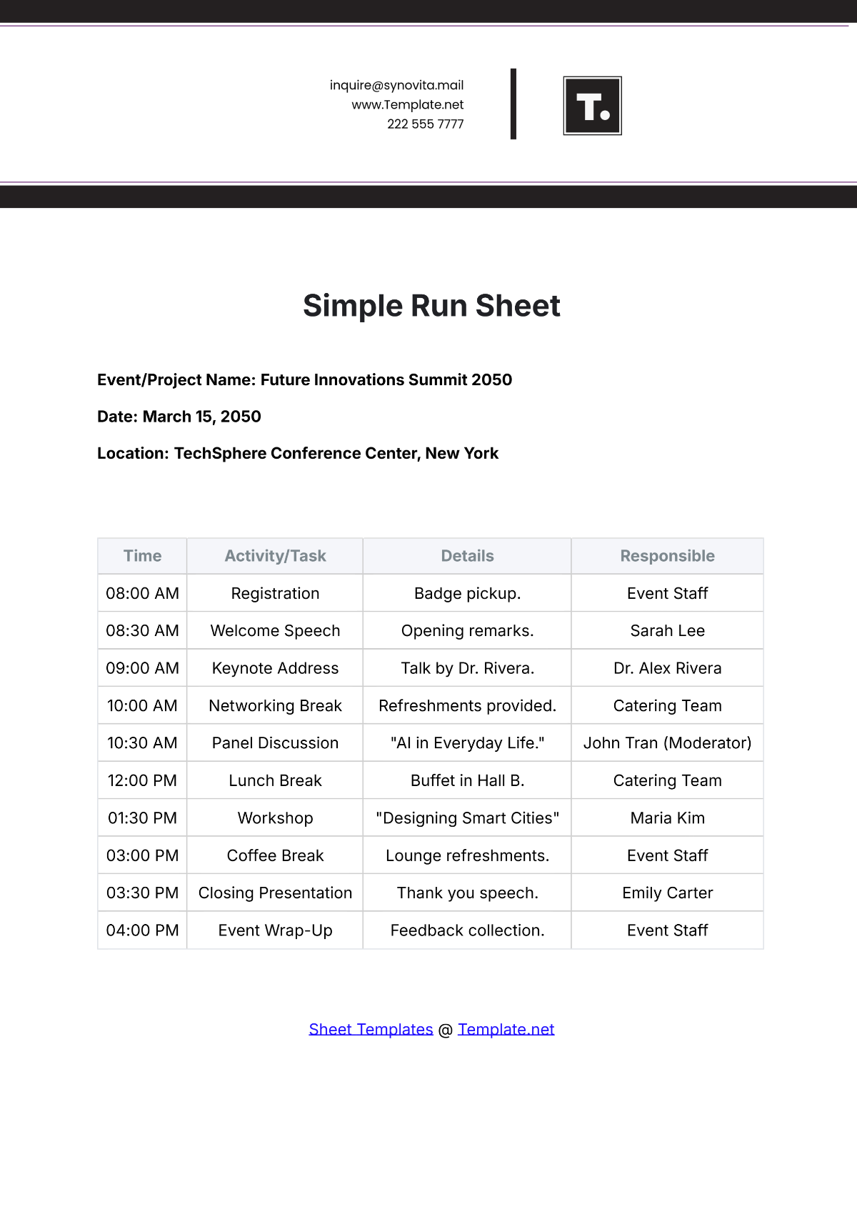 Simple Run Sheet Template - Edit Online & Download