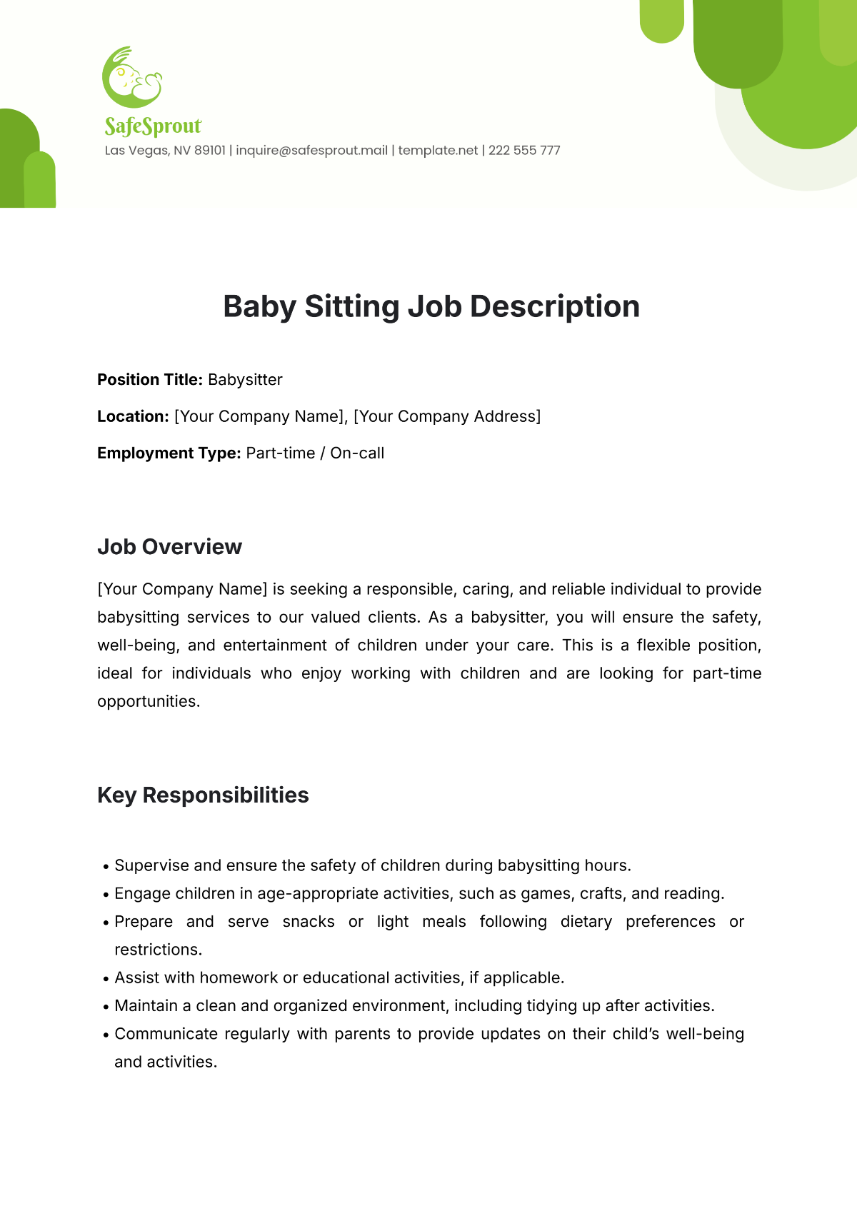 Baby Sitting Job Description Template - Edit Online & Download