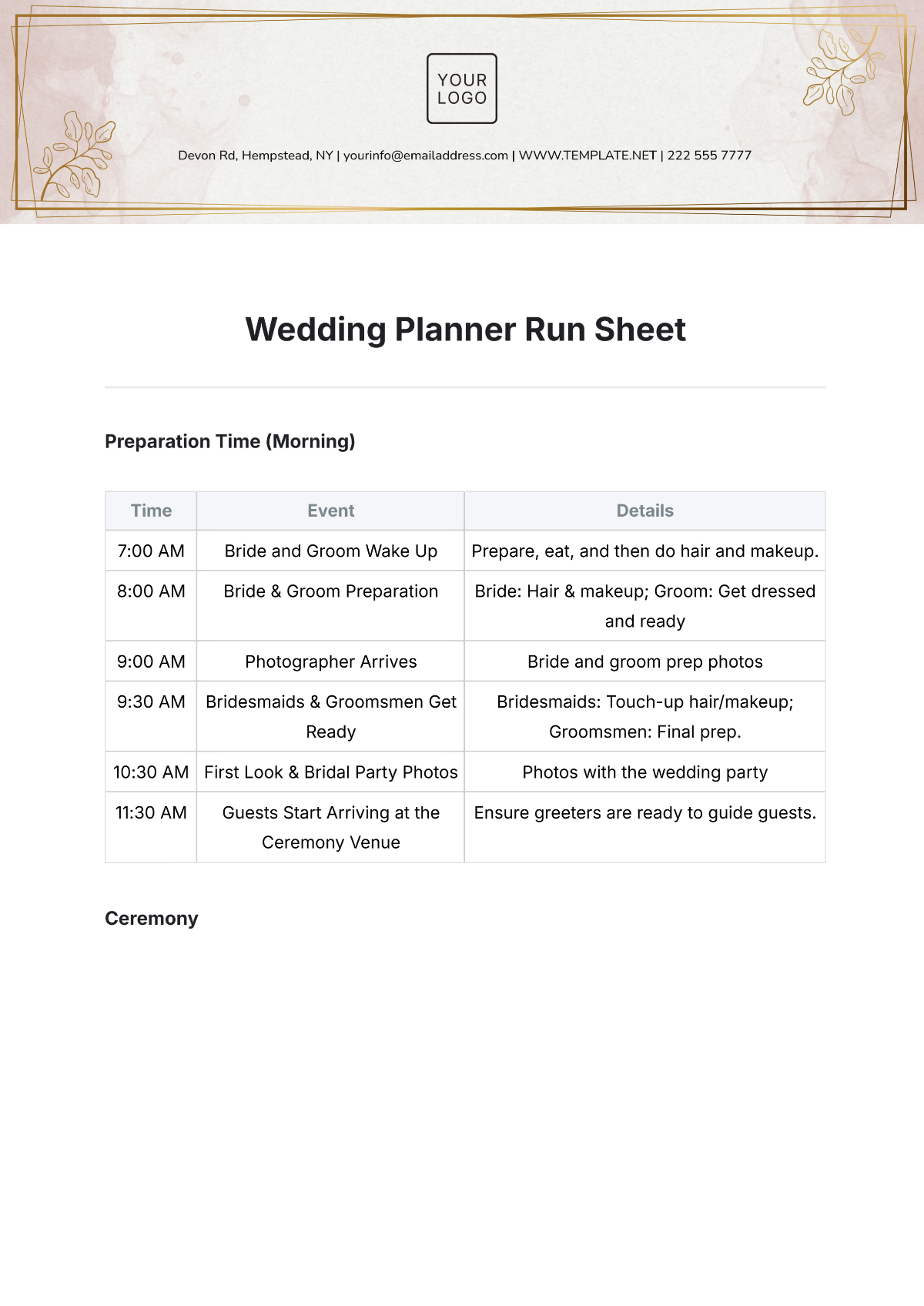 Wedding Planner Run Sheet Template - Edit Online & Download