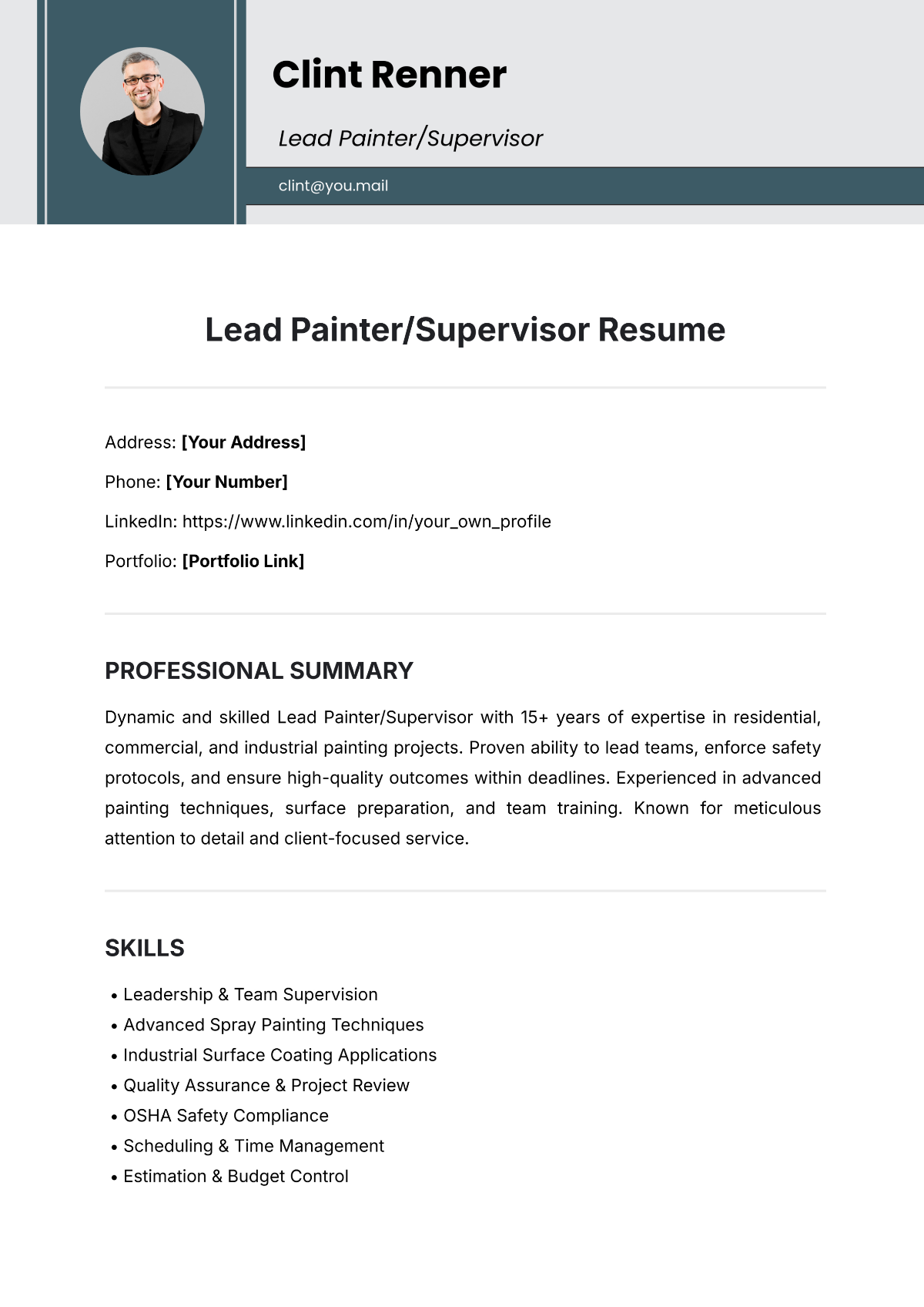 Lead Painter/Supervisor Resume Template - Edit Online & Download