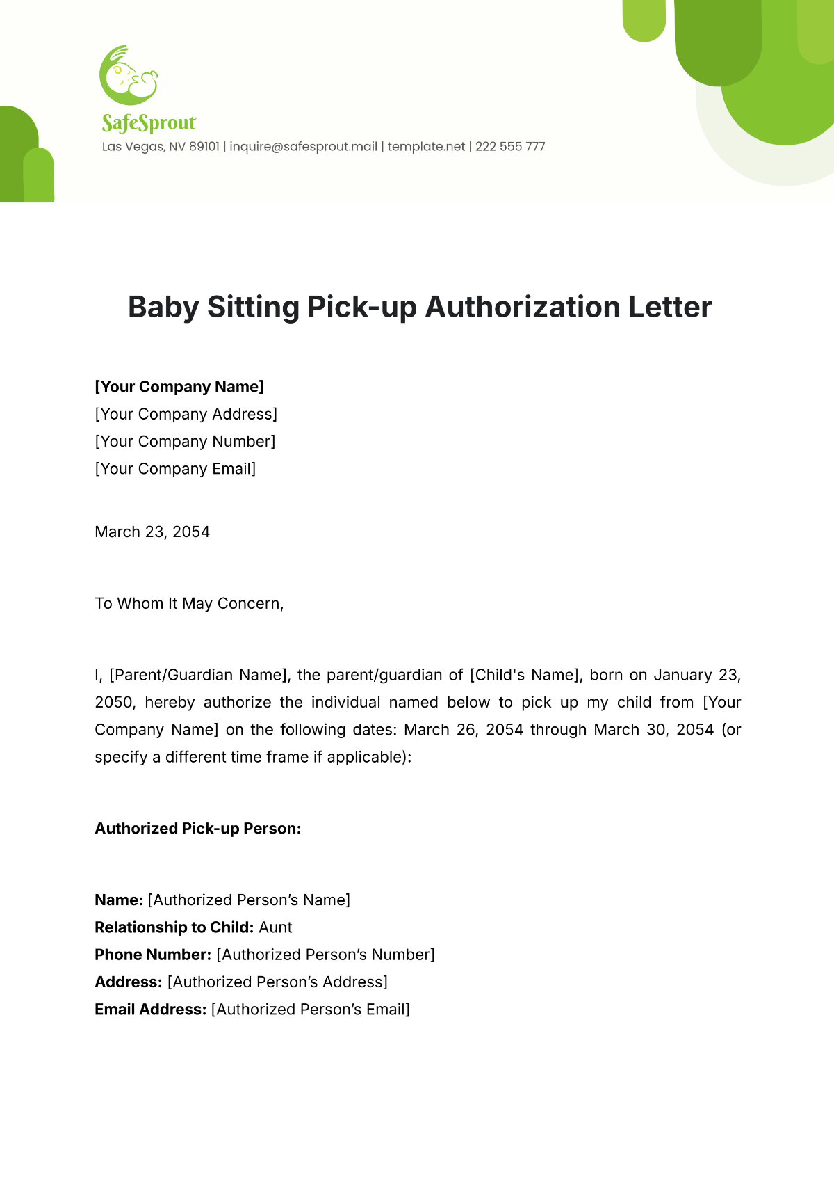 Baby Sitting Pick-up Authorization Letter Template - Edit Online & Download