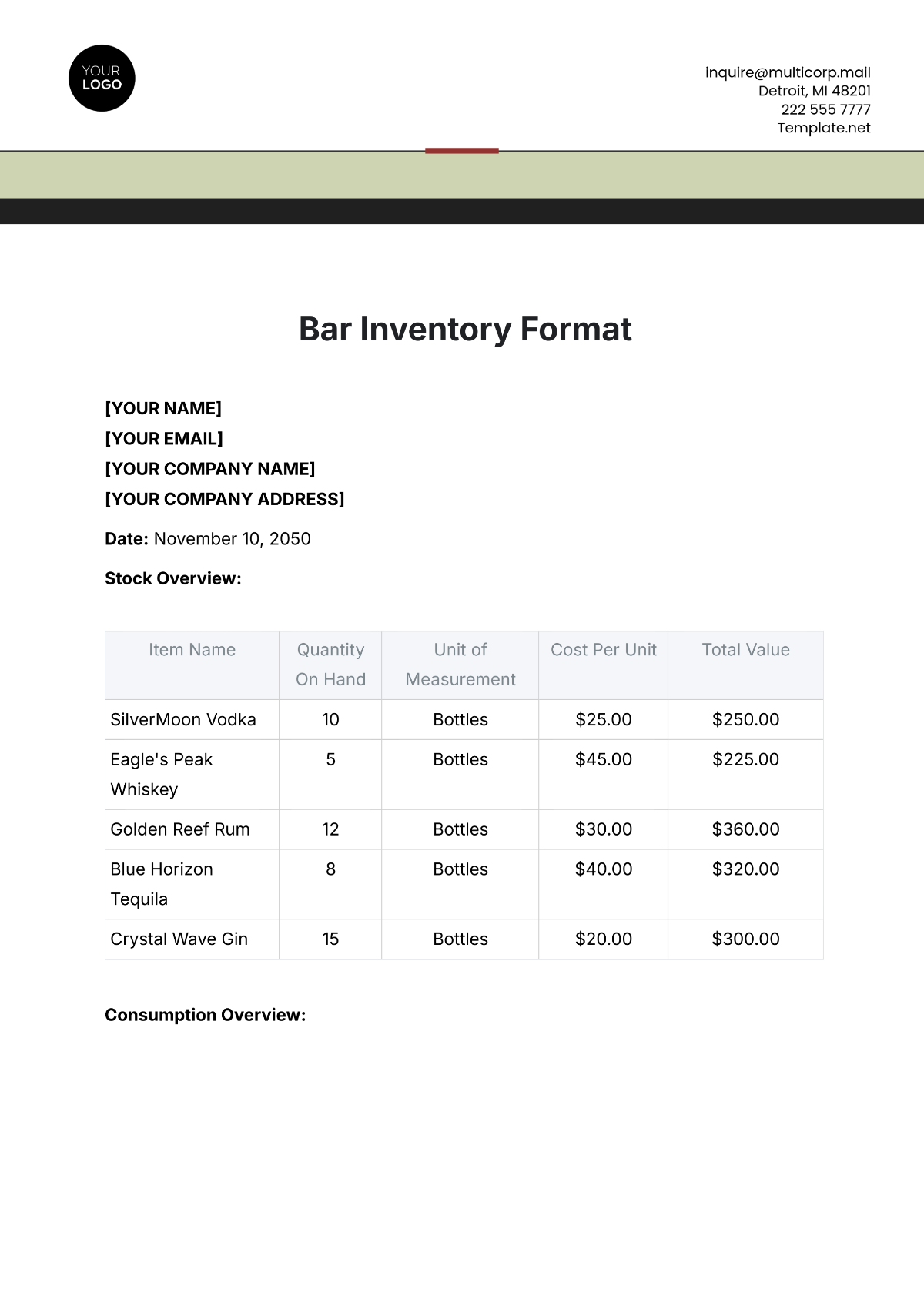 Bar Inventory Format Template - Edit Online & Download