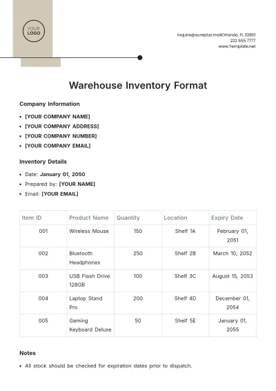 Free Warehouse Inventory Format Template to Edit Online