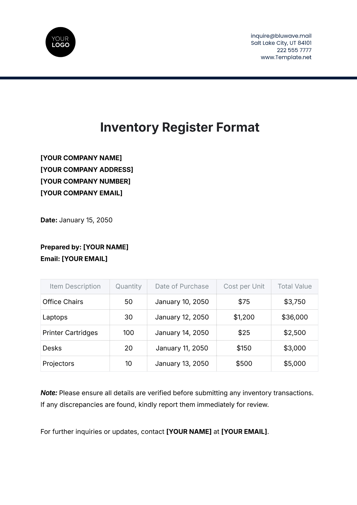 Inventory Register Format Template - Edit Online & Download