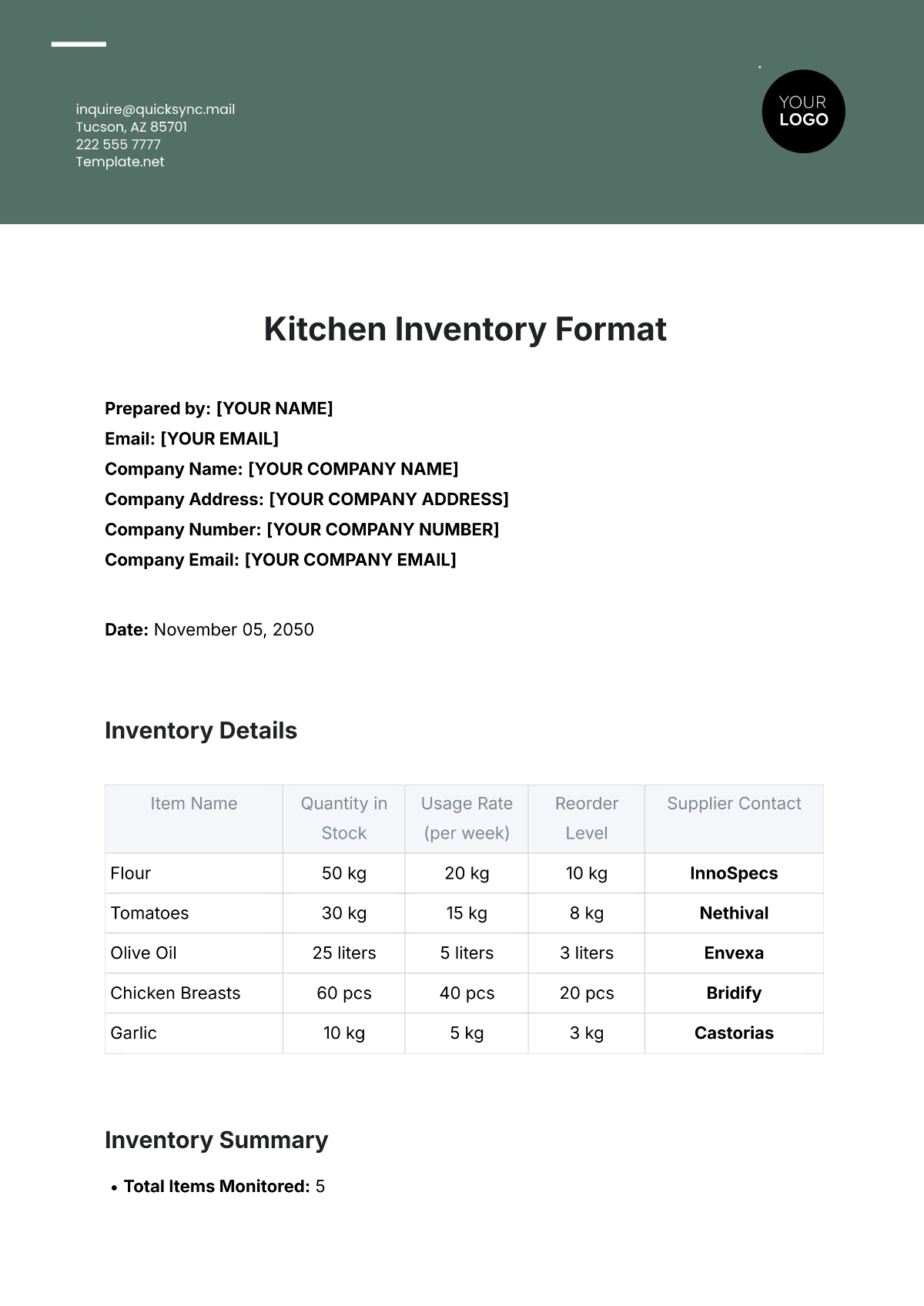 Kitchen Inventory Format Template - Edit Online & Download