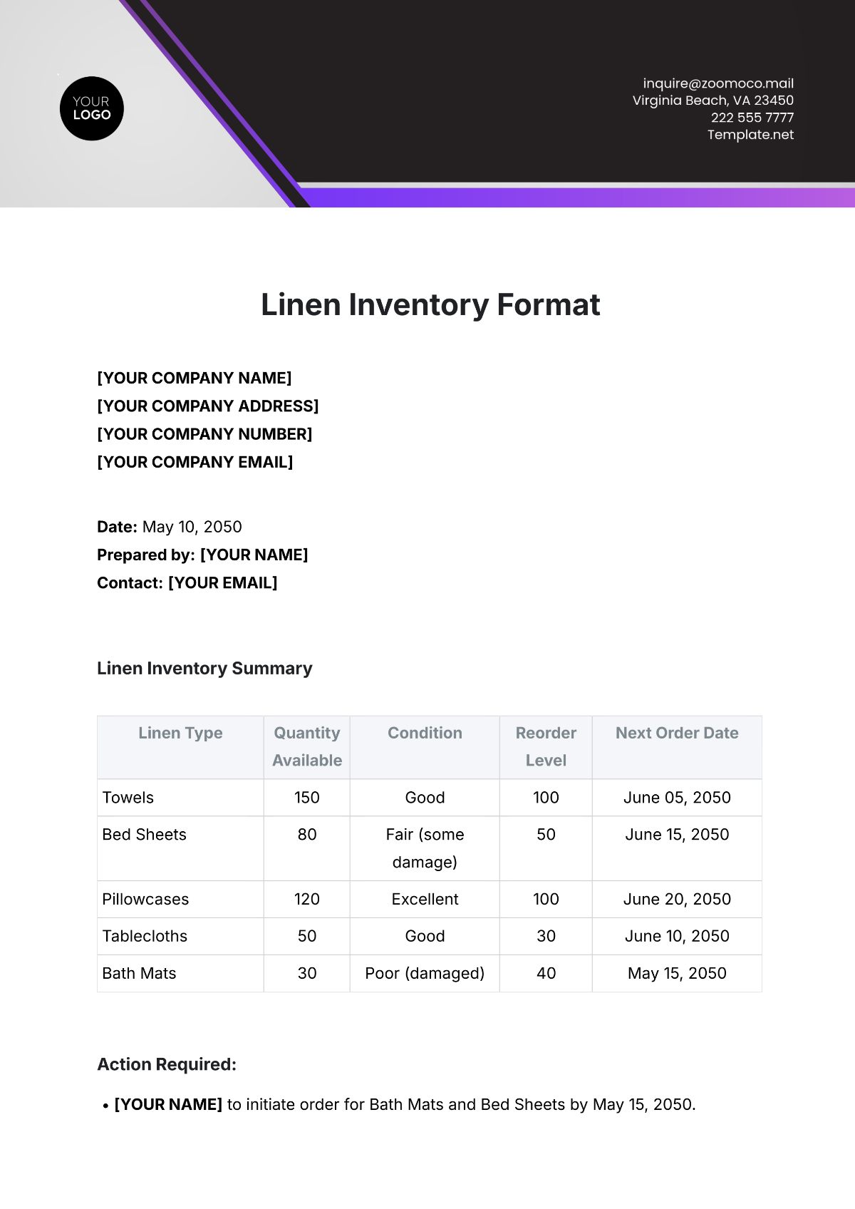 Linen Inventory Format Template - Edit Online & Download