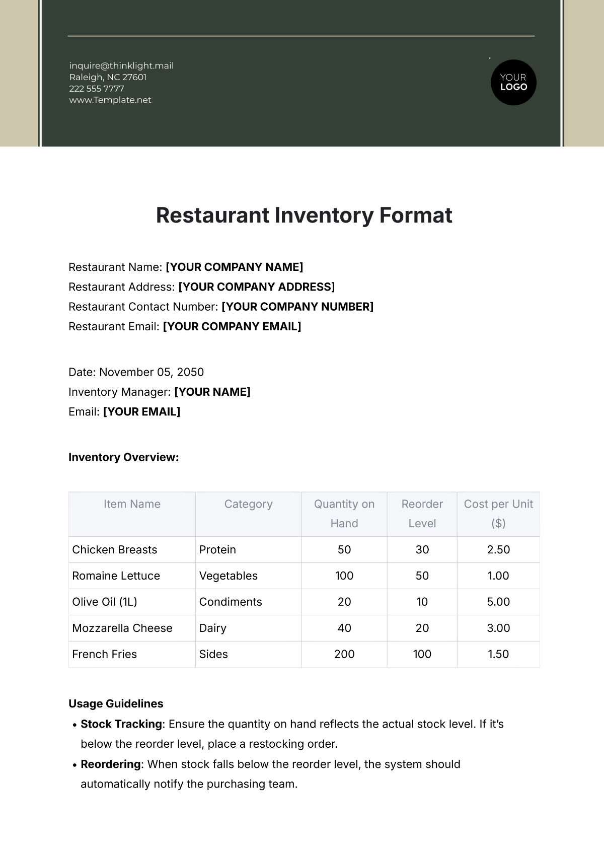 Restaurant Inventory Format Template - Edit Online & Download