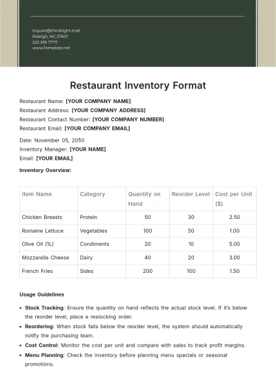 Free Restaurant Inventory Format Template to Edit Online