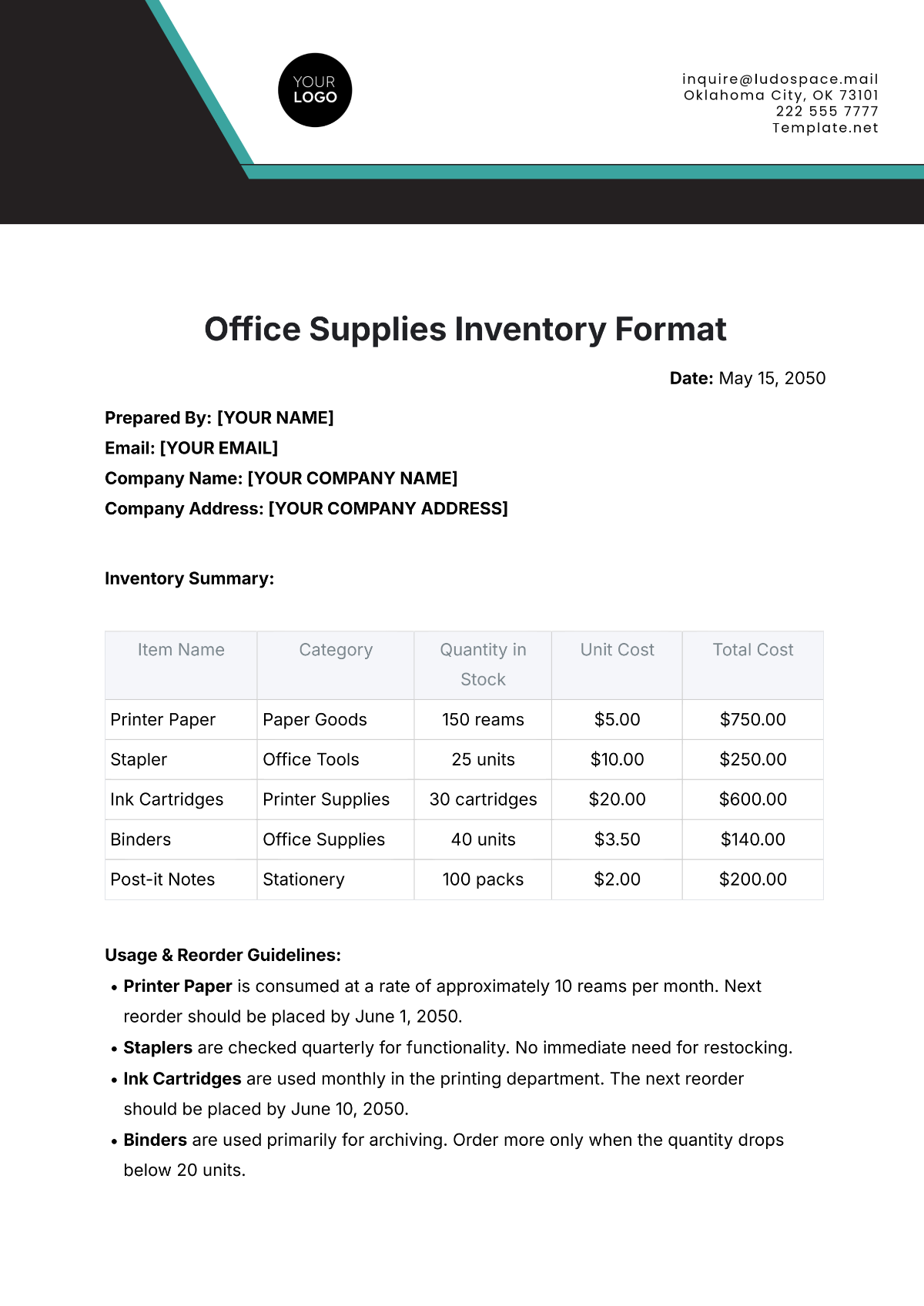 Office Supplies Inventory Format Template - Edit Online & Download