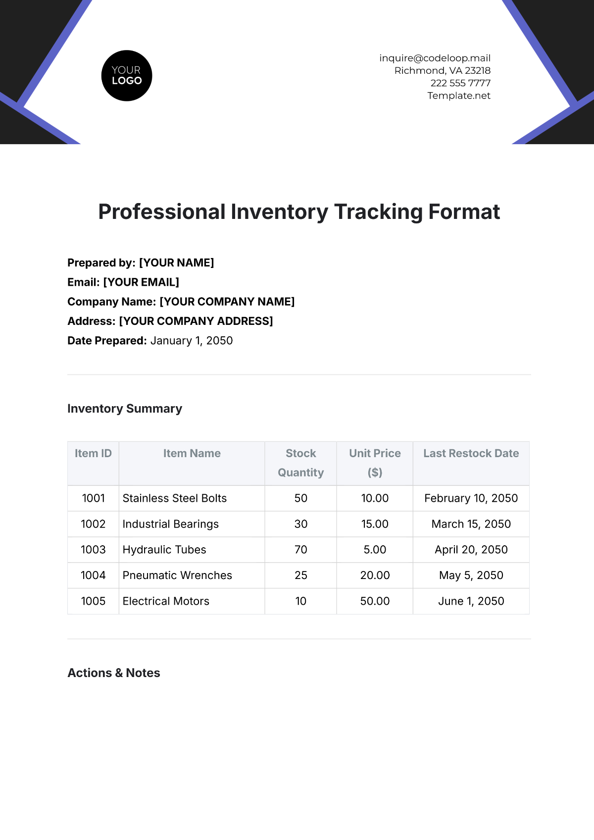 Professional Inventory Tracking Format Template - Edit Online & Download