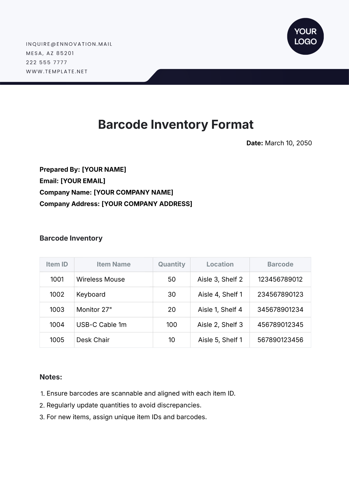 Barcode Inventory Format Template - Edit Online & Download