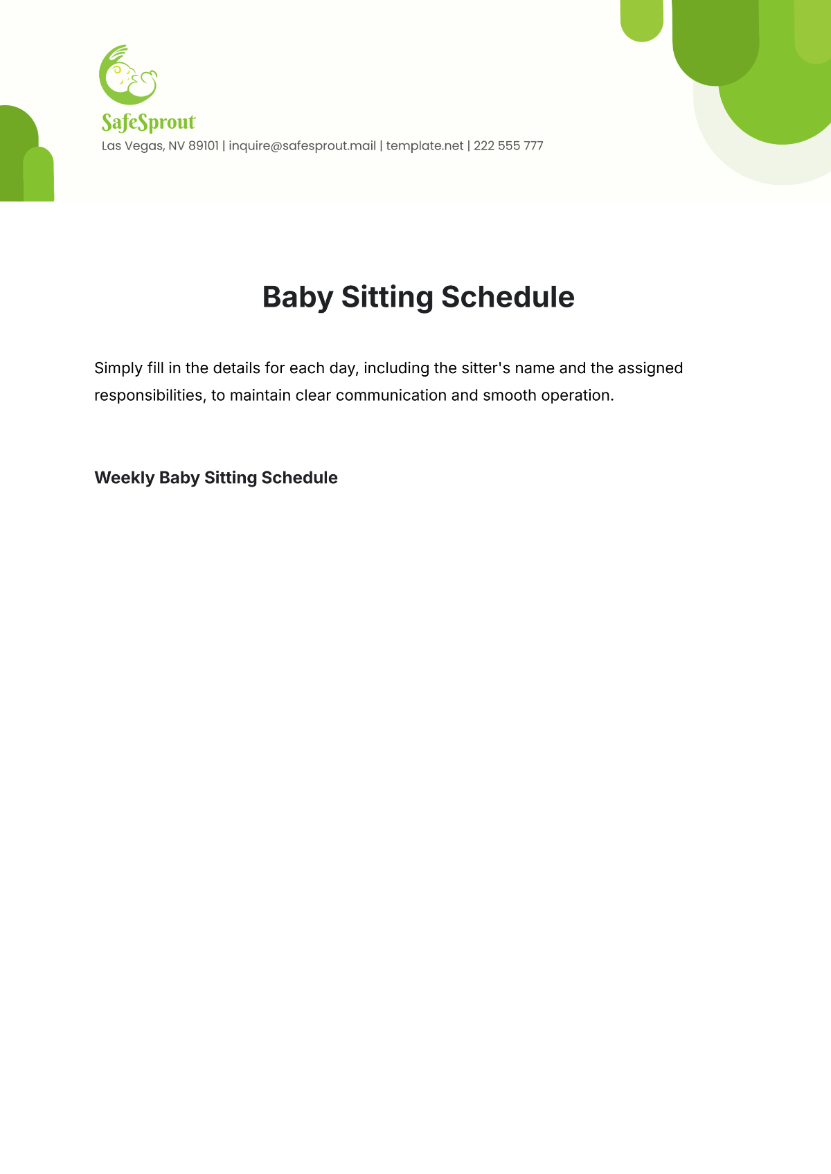 Baby Sitting Schedule Template - Edit Online & Download