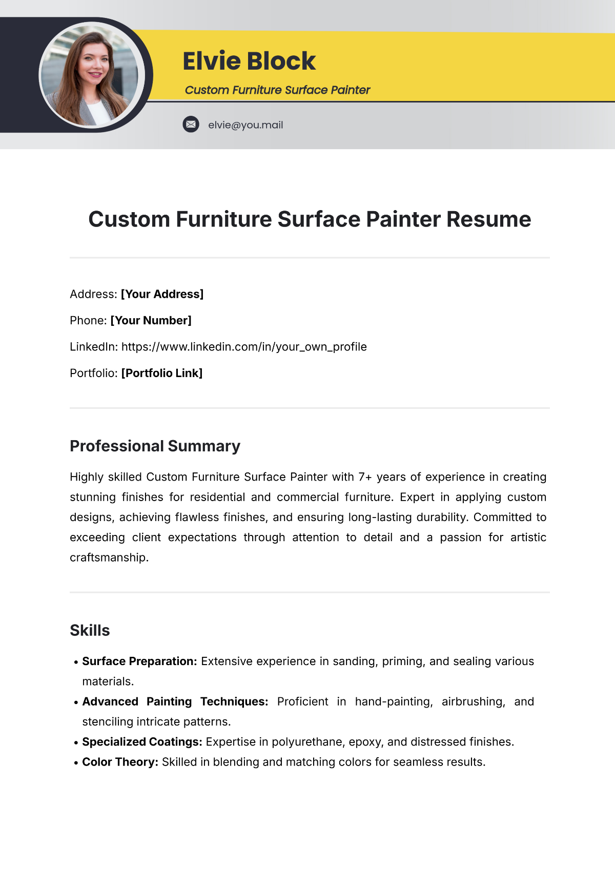 Custom Furniture Surface Painter Resume Template - Edit Online & Download