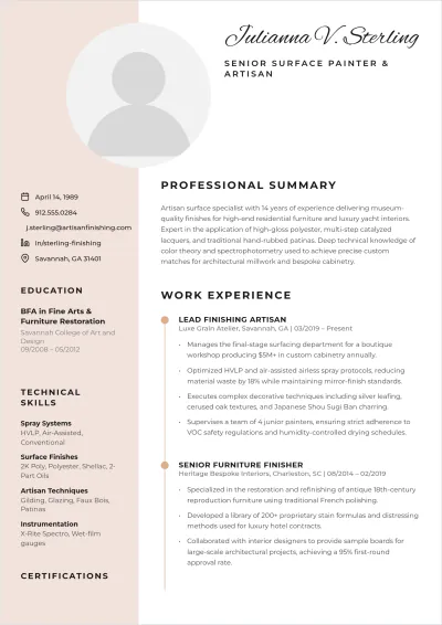 Free Custom Furniture Surface Painter ATS Resume Template