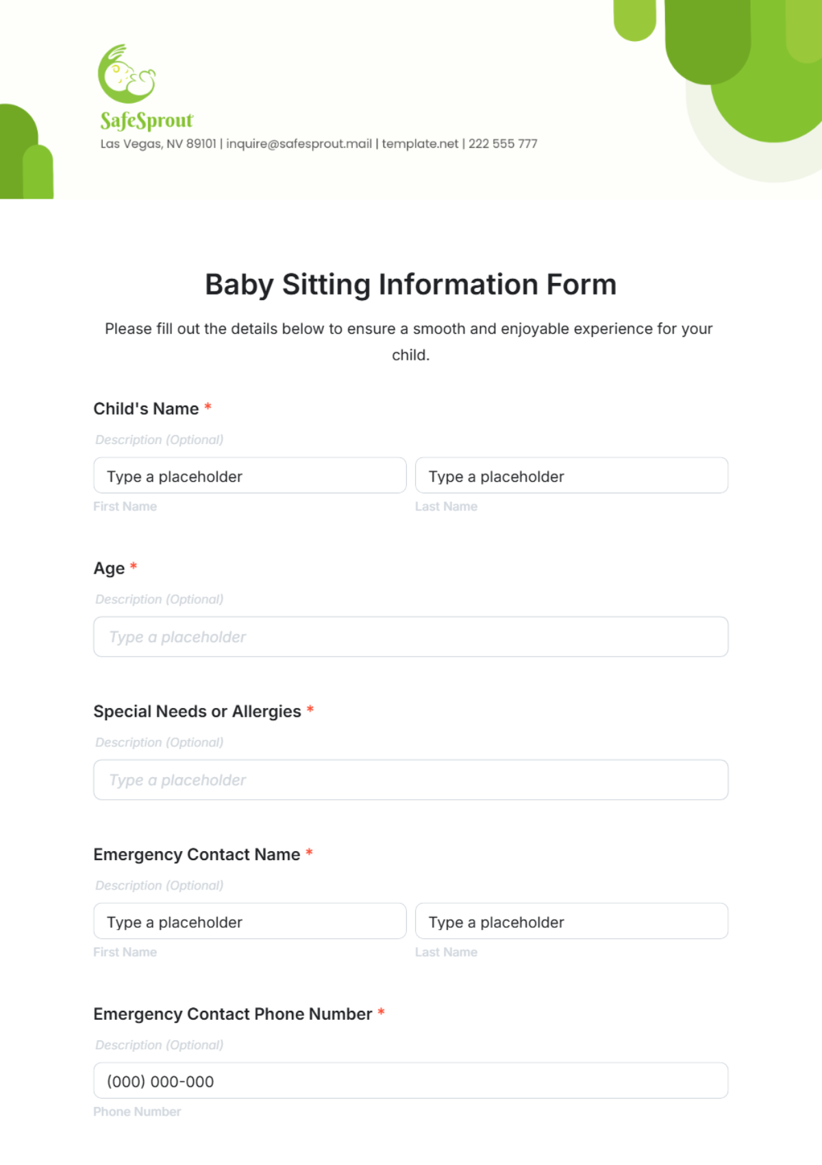 Baby Sitting Information Form Template - Edit Online & Download