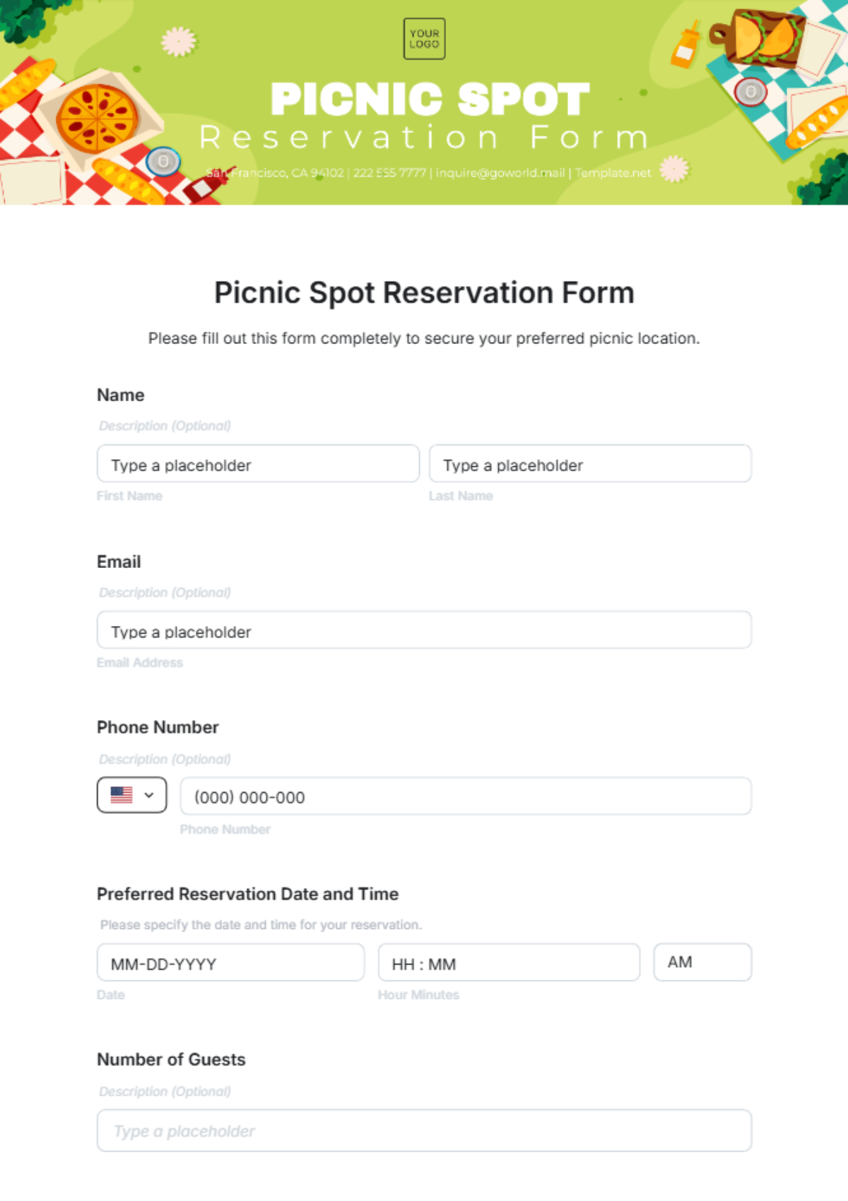 Picnic Spot Reservation Form Template - Edit Online & Download