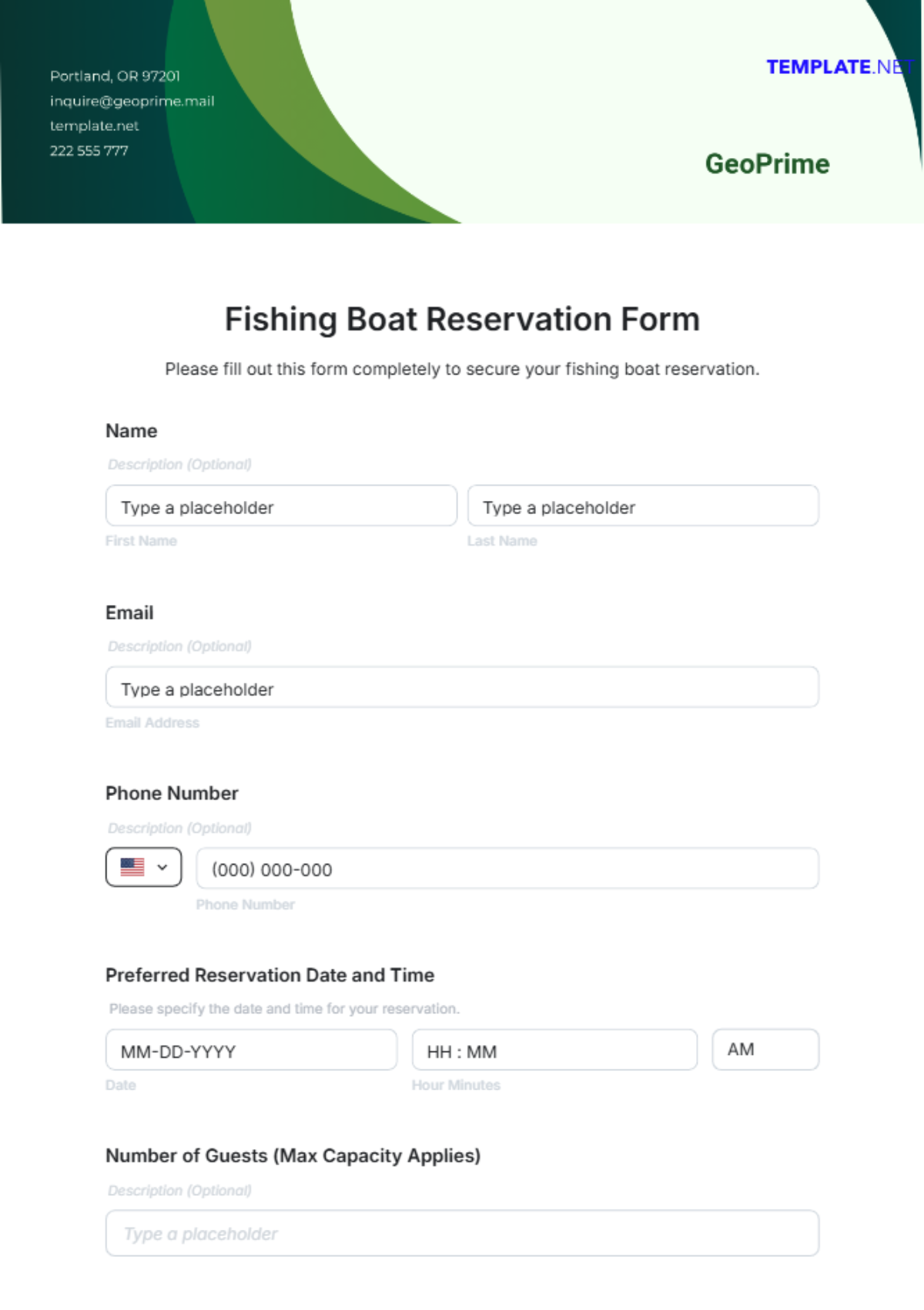 Fishing Boat Reservation Form Template - Edit Online & Download