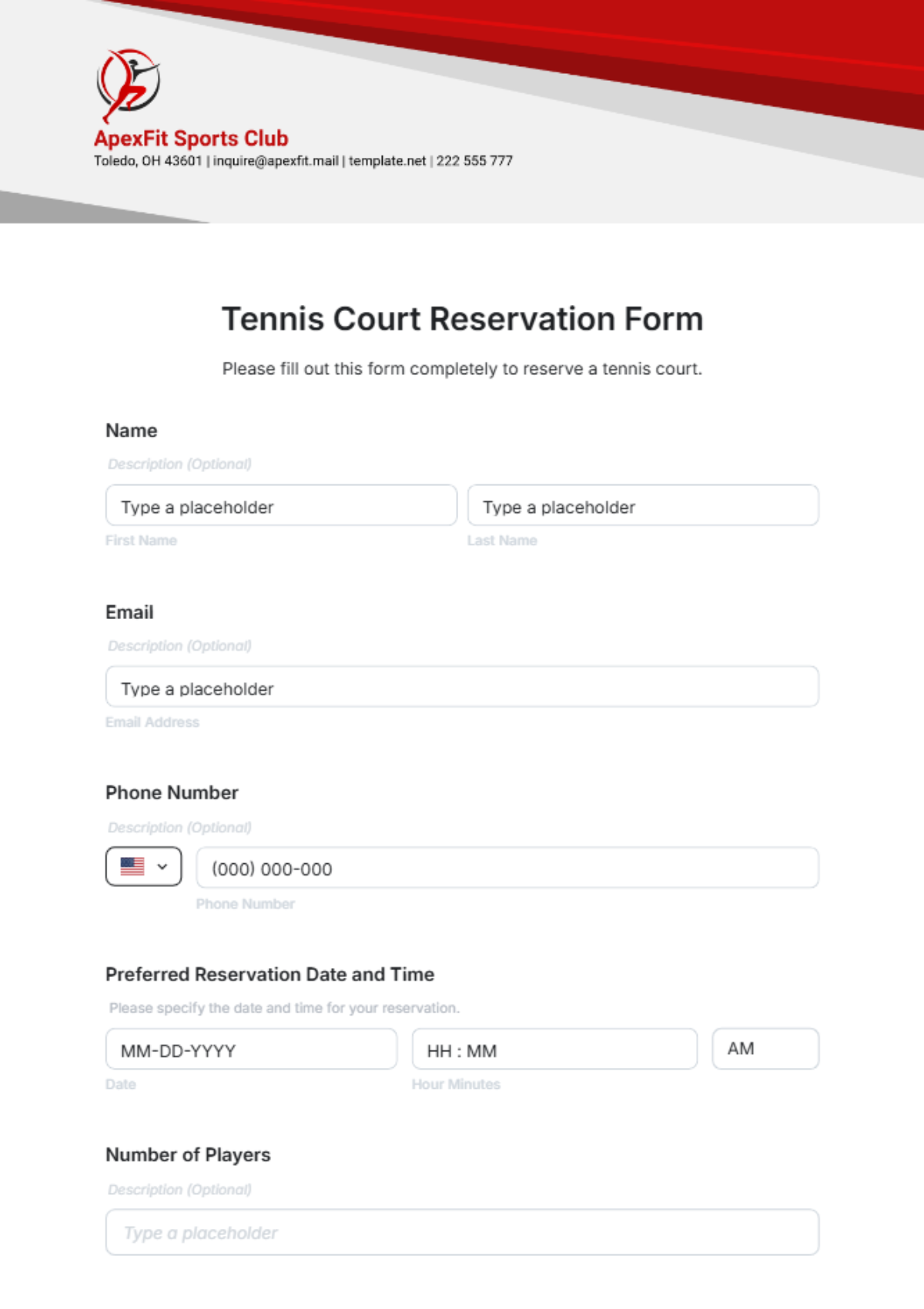 Tennis Court Reservation Form Template - Edit Online & Download