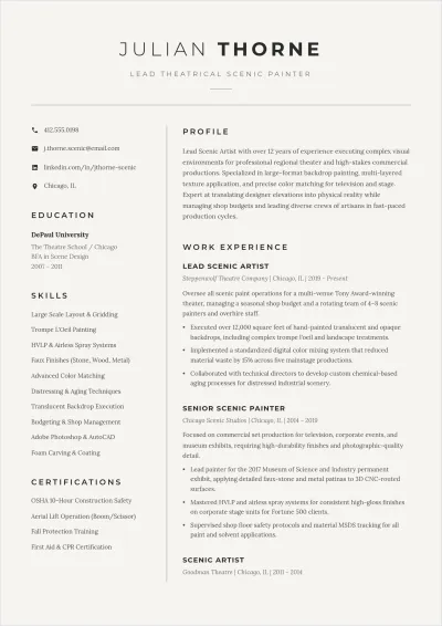 Free Theatrical Scenic Painter ATS Resume Template, AI Resume Builder